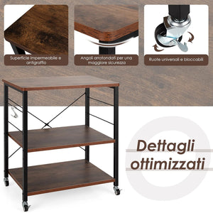 Carrello da Cucina con 10 Ganci Rimovibili, Scaffale per Pasticceria con 3 Livelli, Scaffale con Struttura di Metallo con Ruote Bloccabili per Bar Ristorante Hotel, 60 x 40 x 73,5 cm (Marrone)