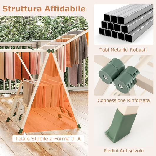 Stendibiancheria con 16 Barra, Stendino Pieghevole in Metallo con Ali Regolabili in Altezza, Clips per Calzini, Supporto per Abbigliamento Autoposante a Ali per Interno Esterno (Beige)