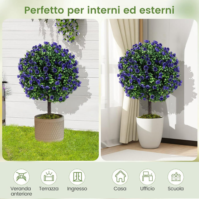Set di 2 Alberi di Topiario Artificiale con Rose Viola, Albero di Bosso Finto da 55 cm con Vaso Riempito di Cemento, Pianta Finta Resistente al Sole per Interni ed Esterni