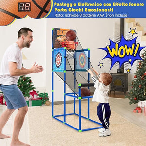 Macchina da Pallacanestro per Bambini, Set Giochi 2-in-1 da Interno ed Esterno per Basket e Palline Attaccanti con Segnapunti Elettronico ed Effetti Sonori, Regalo per Bambini e Bambine 3+