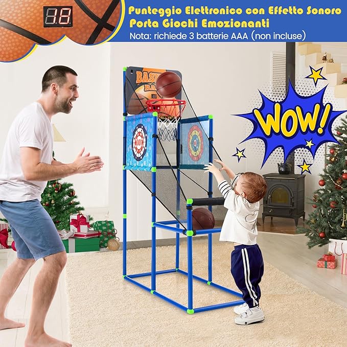 Macchina da Pallacanestro per Bambini, Set Giochi 2-in-1 da Interno ed Esterno per Basket e Palline Attaccanti con Segnapunti Elettronico ed Effetti Sonori, Regalo per Bambini e Bambine 3+