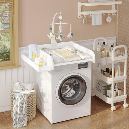 WOLTU Fasciatoio per Lavatrice o Asciugatrice, Accessorio con Bordo Protettivo e Ripiano Contenitore, Piano Fasciatoio in Legno, 80x70x16,5 cm