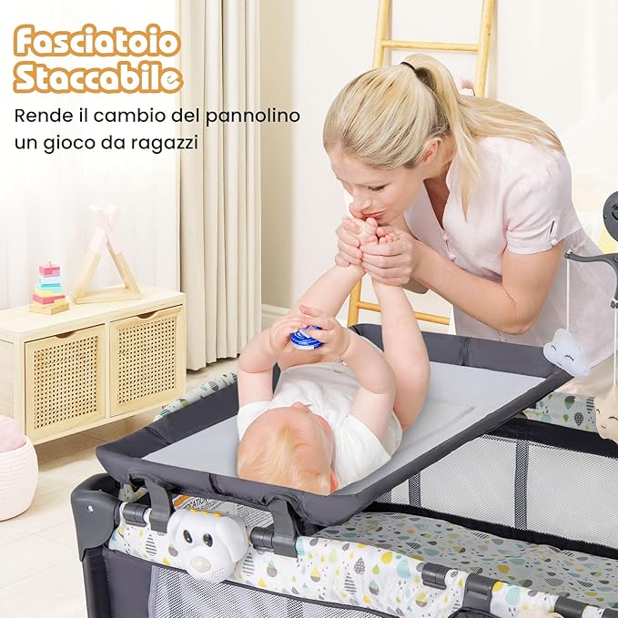 4 in 1 Lettino da Campeggio per Bambini, Lettino Pieghevole con Materasso, Box Bambini Portatile con Borsa, Culla Lettino con Fasciatoio, Ruote, Portata 15 kg, 102 x 72 x 74 cm (Grigio+Beige)