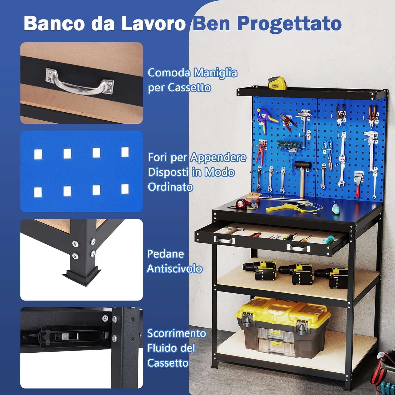 Banco da Lavoro con Piano da 80 x 40 cm, Banco da Lavoro Officina con Pannello Forato e 20 Ganci Porta Attrezzi, Tavolo da Lavoro per Garage con Cassetto e 2 Mensole (Blu)