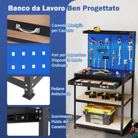 Banco da Lavoro con Piano da 80 x 40 cm, Banco da Lavoro Officina con Pannello Forato e 20 Ganci Porta Attrezzi, Tavolo da Lavoro per Garage con Cassetto e 2 Mensole (Blu)