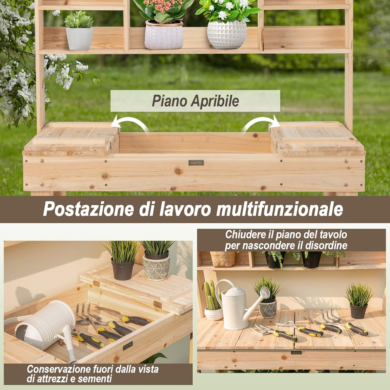 Tavolo da Lavoro per Giardinaggio con Tavolo Apribile, Scaffale, Ganci e Ripiano, Tavolo da Lavoro per Giardino, Patio e Cortile, Portata 151 kg, 110 x 50 x 153 cm