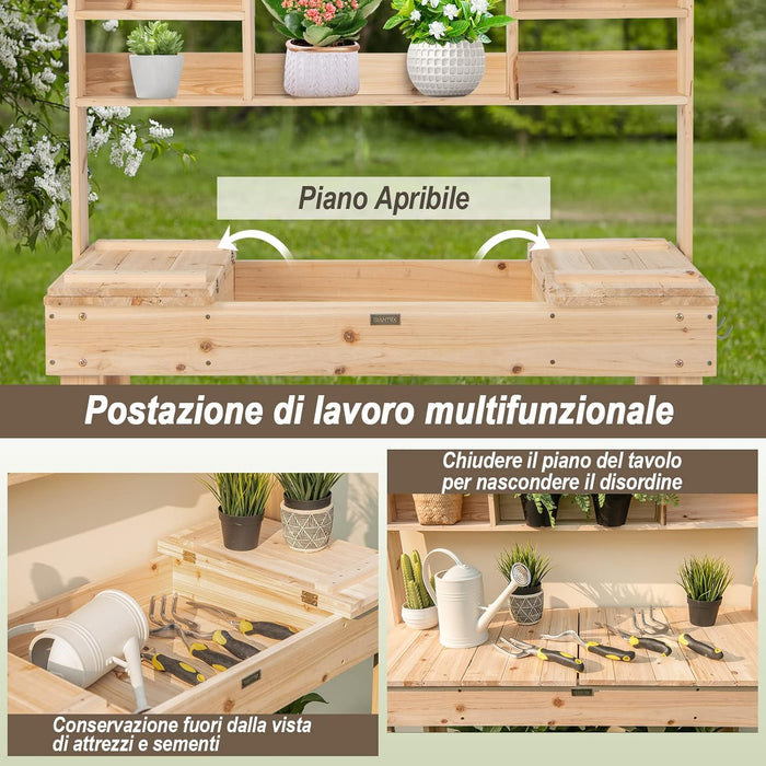 Tavolo da Lavoro per Giardinaggio con Tavolo Apribile, Scaffale, Ganci e Ripiano, Tavolo da Lavoro per Giardino, Patio e Cortile, Portata 151 kg, 110 x 50 x 153 cm