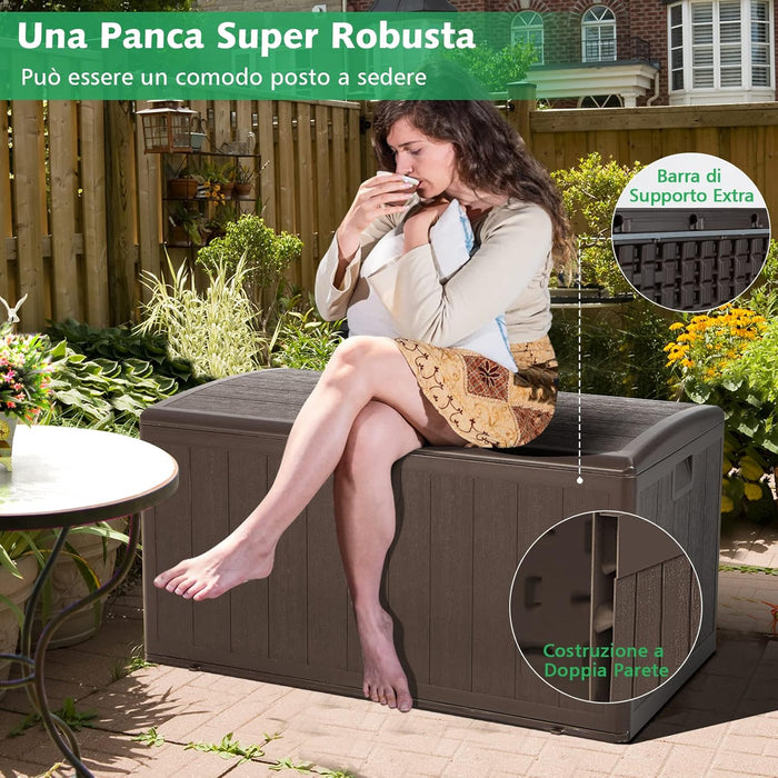 Baule da Giardino 400L, Panca Contenitore in Plastica con Coperchio e Maniglia, per Interni e Esterni, 127,5 x 64 x 64cm (Modello 2)
