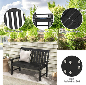 Panchina da Esterno, Panca da Giardino in HDPE Resistente con Schienale e Braccioli, Panchina da Parco, Balcone, Spogliatoio e Cortile, 132 x 65 x 91 cm (Nero)