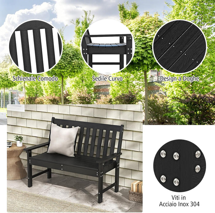 Panchina da Esterno, Panca da Giardino in HDPE Resistente con Schienale e Braccioli, Panchina da Parco, Balcone, Spogliatoio e Cortile, 132 x 65 x 91 cm (Nero)