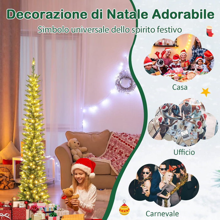 Albero di Natale Slim da 150/180/210 CM, Albero di Natale Artificiale con 296/390/499 Punte di Ramo, 150/180/200 Luci LED Bianche Calde, Supporto Pieghevole in Metallo (180 cm)