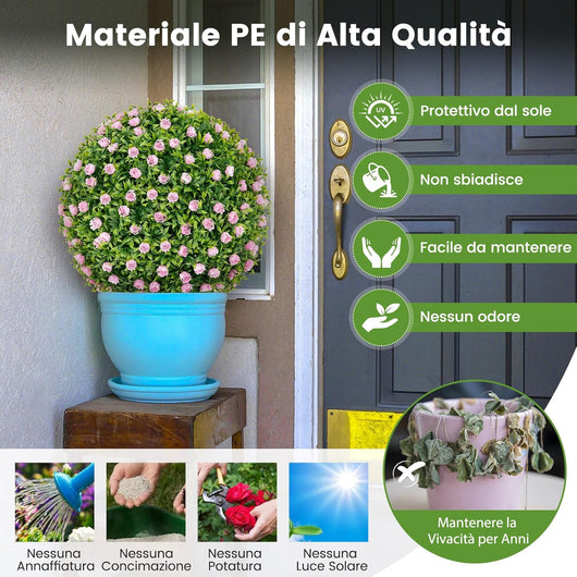 Set di 2 Palla Topiaria con Fiori Finti 37 cm per Vaso, Sfera di Fiori Sintetica in PE da Giardino, Palline di Bosso Artificiali Decorative Realistico Arredamento da Interno ed Esterno