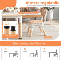 Set Tavolo e 4 Seide per Bambini, Scrivania Regolabile in Altezza con Piano Graffiti, Gambe Antiscivolo, Mobile Multifuzione con 4 Posti per Cameretta, Asilo e Scuola (Naturale)