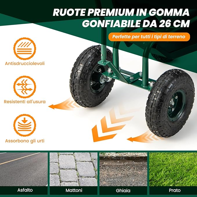 Sgabello per Giardinaggio con Ruote, Carrello da Giardino Regolabile in Altezza con Sedile Girevole a 360, Cuscino, 2 Maniglie di Sterzo e Vassoio Porta Utensili