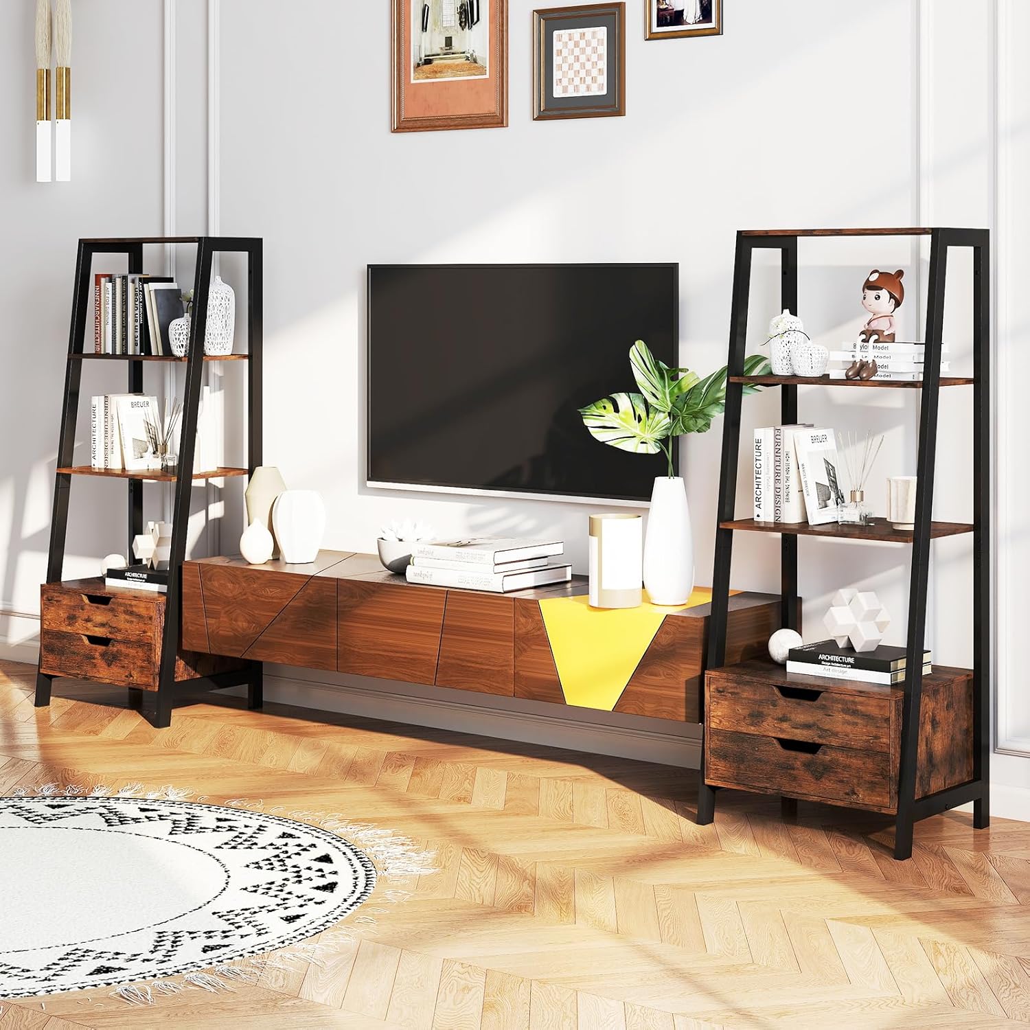 Scaffale a Scala, Libreria in Legno a 4 Ripiani con 2 Cassetti, Scaffale Salvaspazio da Terra per Camera da Letto, Studio, Ufficio e Soggiorno, 52 x 39,5 x 134 cm (Marrone)