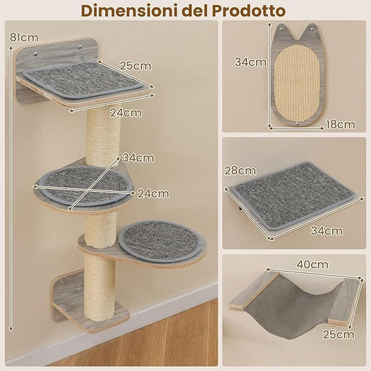 Mensole da Parete per Gatti da Arrampicata, Set Mobili a Muro con 4 Livelli, Amaca, Pannello Graffiato e Tappetini, 2 Piattaforme di Lancio, Albero Tiragraffi Salvaspazio (Modello 4)