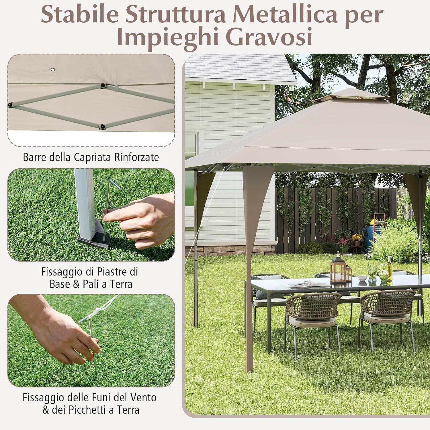 Tenda Pop-up Esterno 4x4 m Doppio Tetto, Gazebo da Giardino Altezza Regolabile con Fori di Drenaggio, Tenda da Giardino Antivento Facile da Montare con Borsa di Trasporto (Kaki)