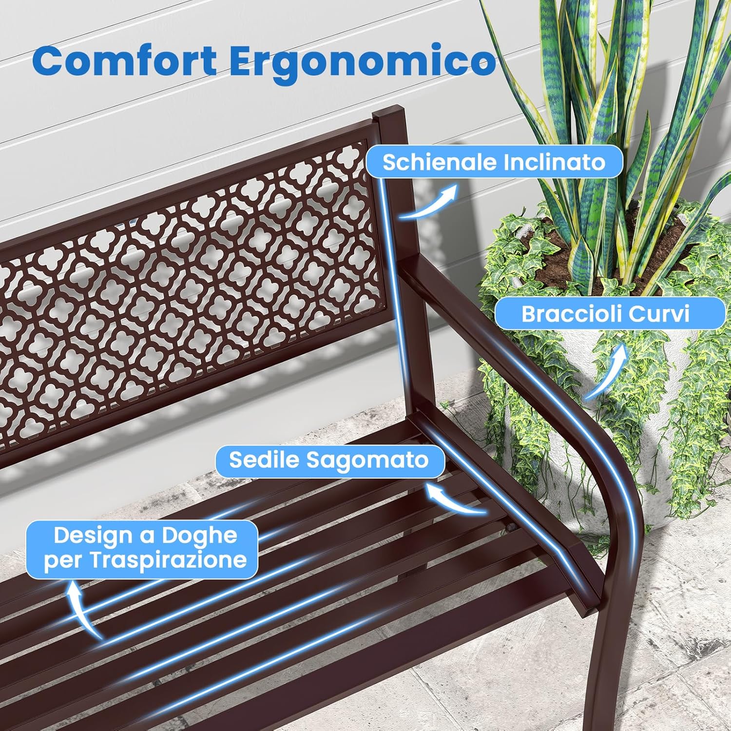 Panchina da Esterno 2-3 Posti, Panca in Metallo con Schienale Motivo Geometrico, Braccioli e Seduta a Doghe, Sedia Moderna per Parco, Cortile e Giardino (Bronzo, 127 x 59 x 82 cm)