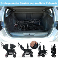 Passeggino Doppio Pieghevole per Bambini, Passeggino Gemellare Pieghevole, con Seduta in Tandem e Tettuccio, Schienale Regolabile, Ruote Bloccabili e Antiurto, Portata Totale 30 kg (Nero)