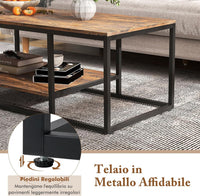 COSTWAY Tavolino da Caffè a 2 Livelli, Tavolino Rettangolare con Mensola e Struttura in Metallo, Tavolino in Legno per Salotto, Ufficio e Studio, Marrone