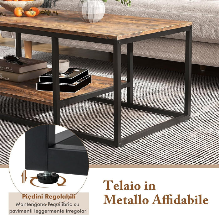 COSTWAY Tavolino da Caffè a 2 Livelli, Tavolino Rettangolare con Mensola e Struttura in Metallo, Tavolino in Legno per Salotto, Ufficio e Studio, Marrone