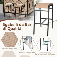 Set Bar da Patio a 3 Pezzi, Gazebo per Griglia e 2 Sgabelli da Bar con Tavolo in Vetro Temperato, Ripiani in Metallo, Portabicchieri, per Giardino Cortile e Spiaggia (Marrone)