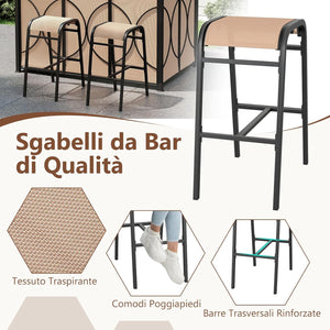 Set Bar da Patio a 3 Pezzi, Gazebo per Griglia e 2 Sgabelli da Bar con Tavolo in Vetro Temperato, Ripiani in Metallo, Portabicchieri, per Giardino Cortile e Spiaggia (Marrone)