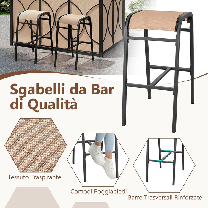 Set Bar da Patio a 3 Pezzi, Gazebo per Griglia e 2 Sgabelli da Bar con Tavolo in Vetro Temperato, Ripiani in Metallo, Portabicchieri, per Giardino Cortile e Spiaggia (Marrone)