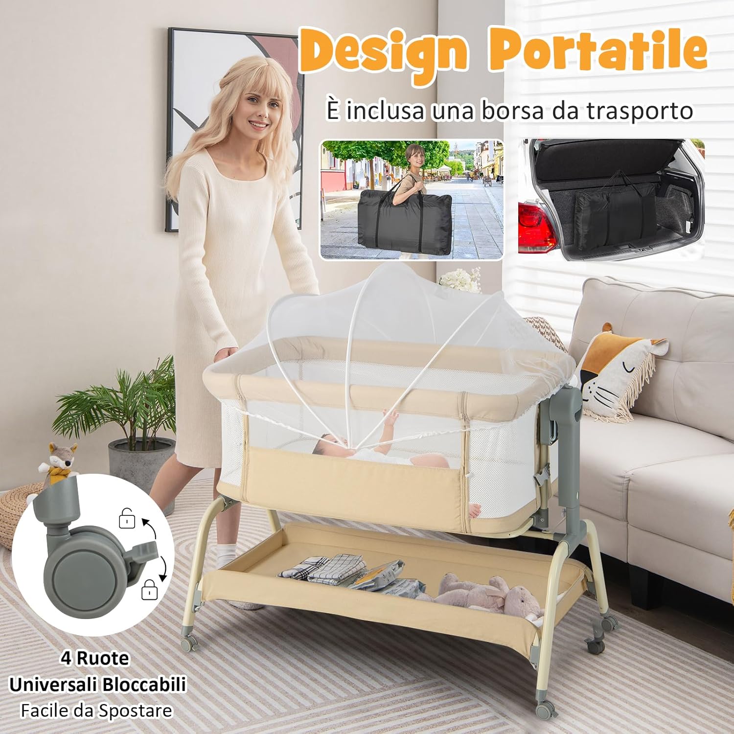 Culla Neonato Fianco 4 in 1, Culla Co-sleeping con Spondina Aperto, Altezza Regolabile, Inclinabile, Materasso Ruote Borsa da Viaggio Zanzariera Inclusi, 0-6 Mesi Fino a 9 kg (Beige)