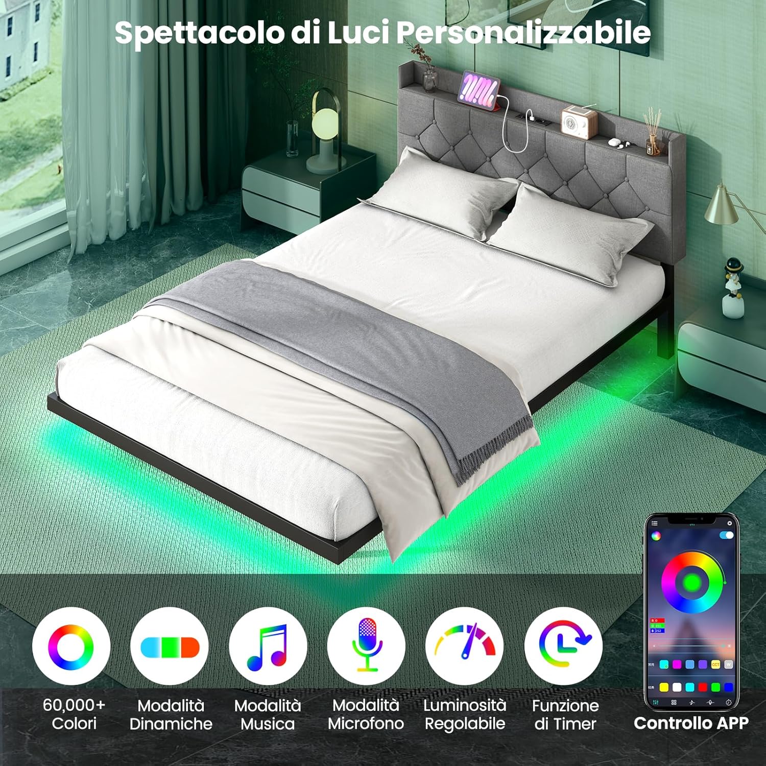 Struttura Letto Matrimoniale con Luci LED, Letto a Piattaforma con Testiera Imbottita Regolabile e Stazione di Ricarica, Letto Moderno in Metallo, Silenzioso, Carico 300kg (200 x 140cm)