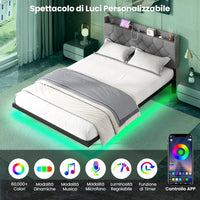 Struttura Letto Matrimoniale con Luci LED, Letto a Piattaforma con Testiera Imbottita Regolabile e Stazione di Ricarica, Letto Moderno in Metallo, Silenzioso, Carico 300kg (200 x 140cm)