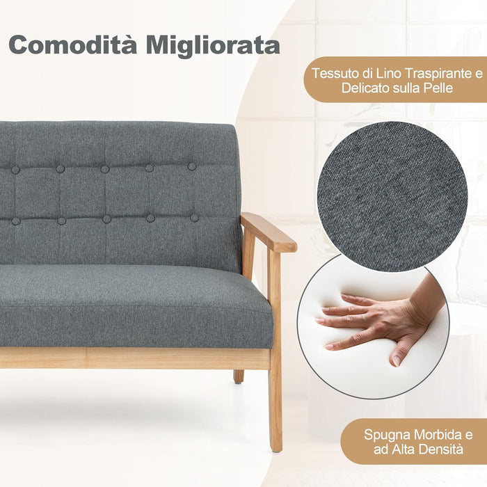 Divano a 2 Posti in Lino, Panchina Imbottita con Cuscini e Struttura in Legno di Gomma, Divano per Soggiorno, Camera da Letto, Studio