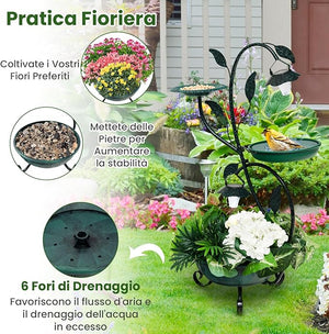 Mangiatoia per Uccelli da Giardino 83CM, Vasca per Uccelli da Esterno Alimentata a Energia Solare con Piedistallo per Fiori e 2 Luci LED, per Giardino, Cortile e Prato, Bronzo