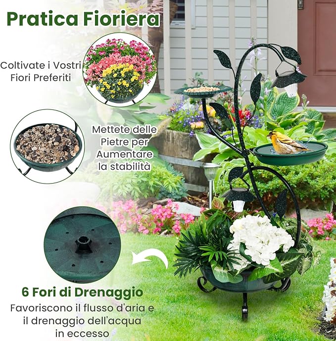 Mangiatoia per Uccelli da Giardino 83CM, Vasca per Uccelli da Esterno Alimentata a Energia Solare con Piedistallo per Fiori e 2 Luci LED, per Giardino, Cortile e Prato, Bronzo