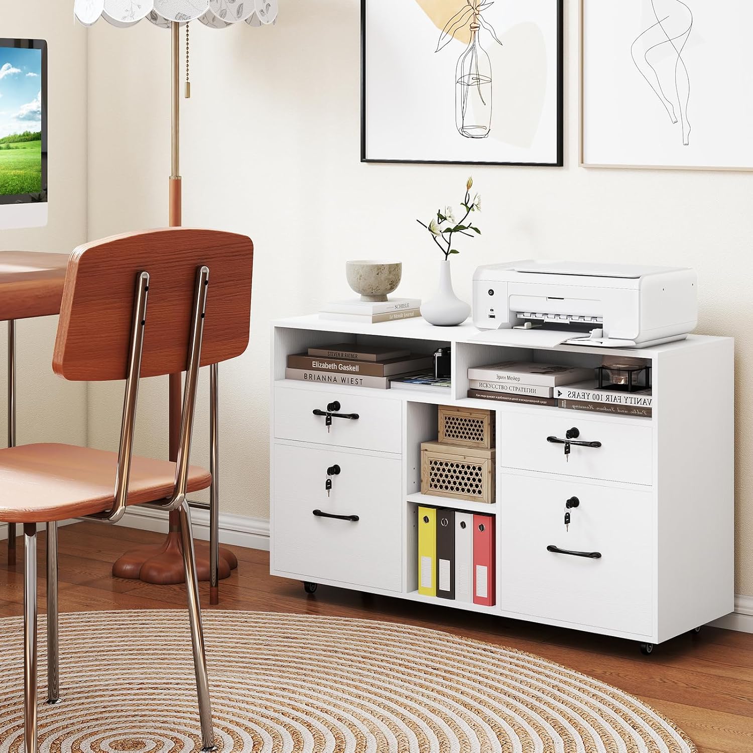 Armadietto Portadocumenti, Mobile da Ufficio Laterale con 4 Cassetti Adatto per File Formato A4/Lettera e 5 Ruote Universali Bloccabili, Credenza in Metallo per Scrivania (Bianco)