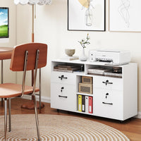 Armadietto Portadocumenti, Mobile da Ufficio Laterale con 4 Cassetti Adatto per File Formato A4/Lettera e 5 Ruote Universali Bloccabili, Credenza in Metallo per Scrivania (Bianco)