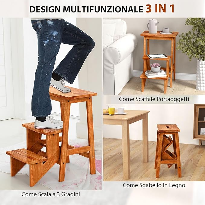 Scaletta Pieghevole, 3 in 1 Scaletta e Sgabello in Legno Multifunzione, 3 Gradini, Maniglia Comoda, Portatile e Leggera, Ideale per Studio, Soggiorno e Garage (Marrone)