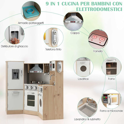 Cucina Giocattolo per Bambini in Legno, Cucina per Bambini con Macchina del Ghiaccio, Telefono, Lavatrice, Forno, Microonde, Lavello e Rubinetto, Funzione Luci e Suoni, per Bambini 3+ Anni