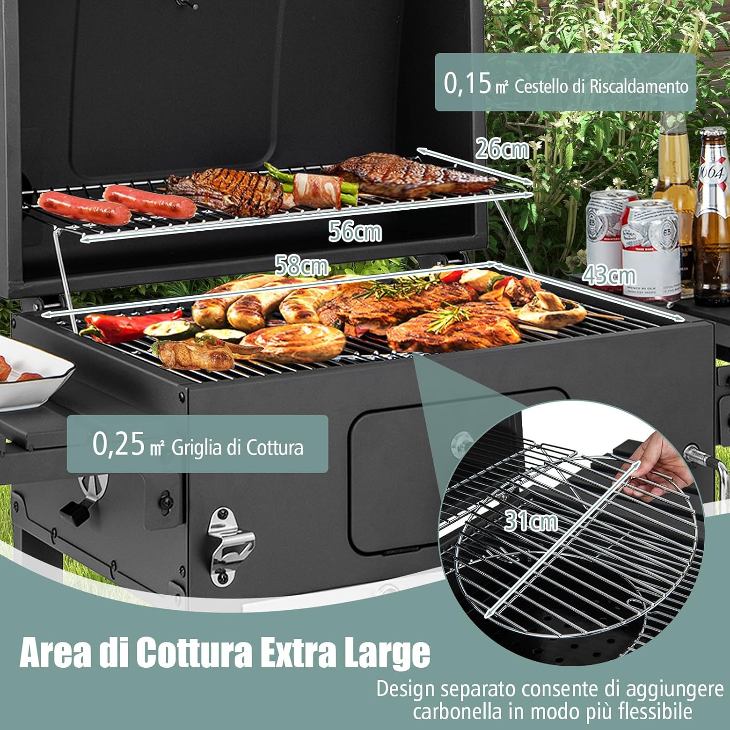 Barbecue a Carbone da Esterno a 2 Livelli, Barbecue all'Aperto in Metallo con 2 Ruote, 2 Tavolini Laterali a Ribalta, 8 Ganci, Ideale per Picnic, Campeggio, 128 x 54 x 117 cm