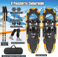 Set 4 in 1 Ciaspole da Neve 53/63/78 cm per Uomini, Donne e Ragazzi con Sistema di Fissaggio, Telaio in Alluminio, Bastoncini da Trekking, Ghette Gambe Impermeabile e Borsa