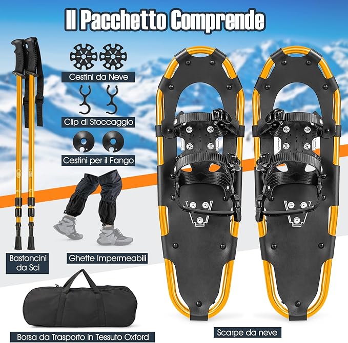 Set 4 in 1 Ciaspole da Neve 53/63/78 cm per Uomini, Donne e Ragazzi con Sistema di Fissaggio, Telaio in Alluminio, Bastoncini da Trekking, Ghette Gambe Impermeabile e Borsa