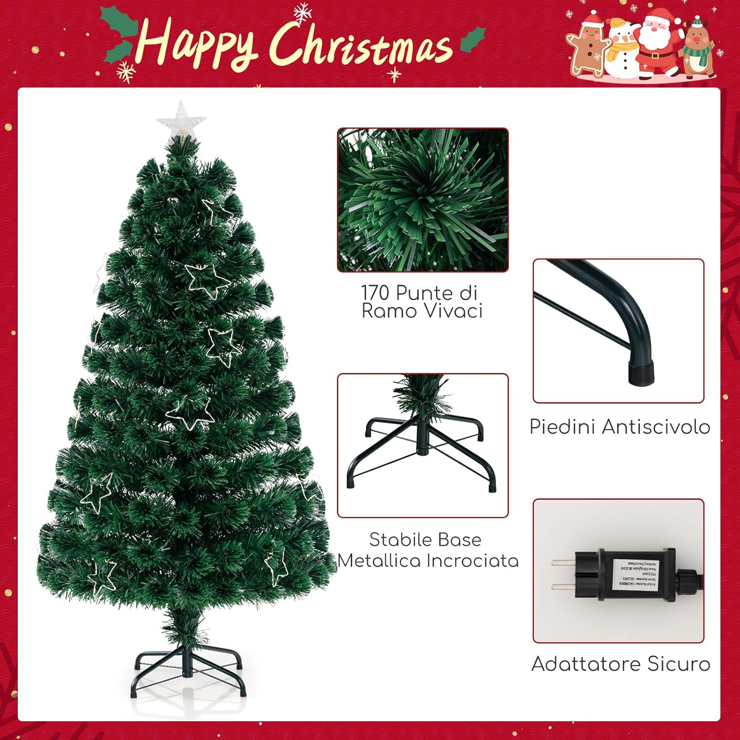 Albero di Natale in Fibra Ottica 150/180 cm, Albero di Natale Artificiale Pre-illuminato con 24/36 Luci a Stringa, Stella sulla Cima e 170/230 Punte dei Rami, Decorazione per Feste (150 CM)