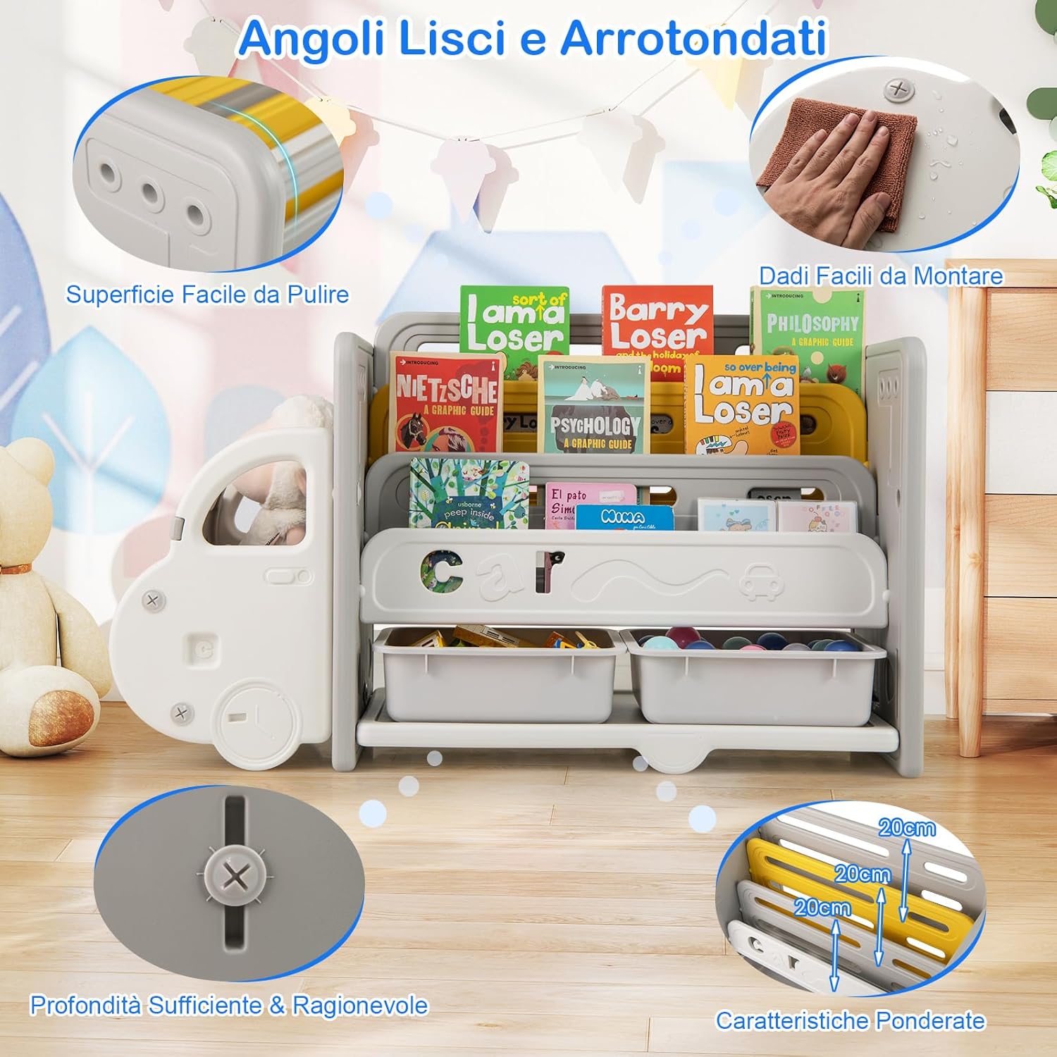 Scaffale per Giocattoli e Libri per Bambini, Libreria a Forma di Auto con 3 Ripiani 2 Scatole, Organizzatore Salvaspazio per Camera Stanza dei Giochi Asilo