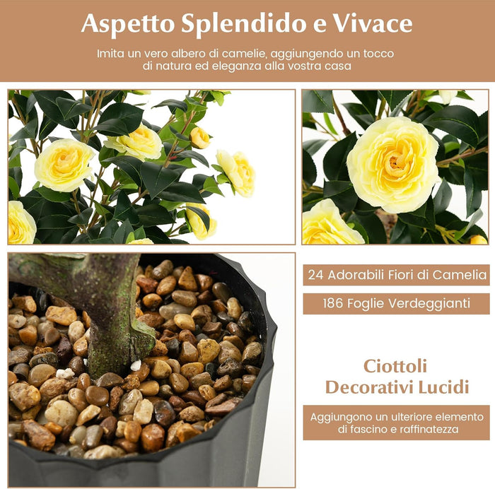 Albero di Camelia Artificiale da 95 cm, Pianta Artificiale con Fiori Finti in Vaso di Cemento, Decorazione per Casa e Ufficio (Giallo)
