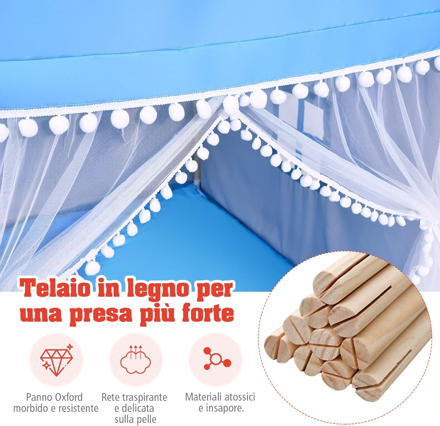 Tenda da Gioco Casetta per Bambini, Castello Giocattolo in Legno Cotone, con Struttura Stabile e Finestre Traspirabili, 105x120x140 cm (Azzurro)
