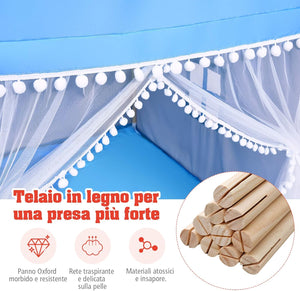 Tenda da Gioco Casetta per Bambini, Castello Giocattolo in Legno Cotone, con Struttura Stabile e Finestre Traspirabili, 105x120x140 cm (Azzurro)