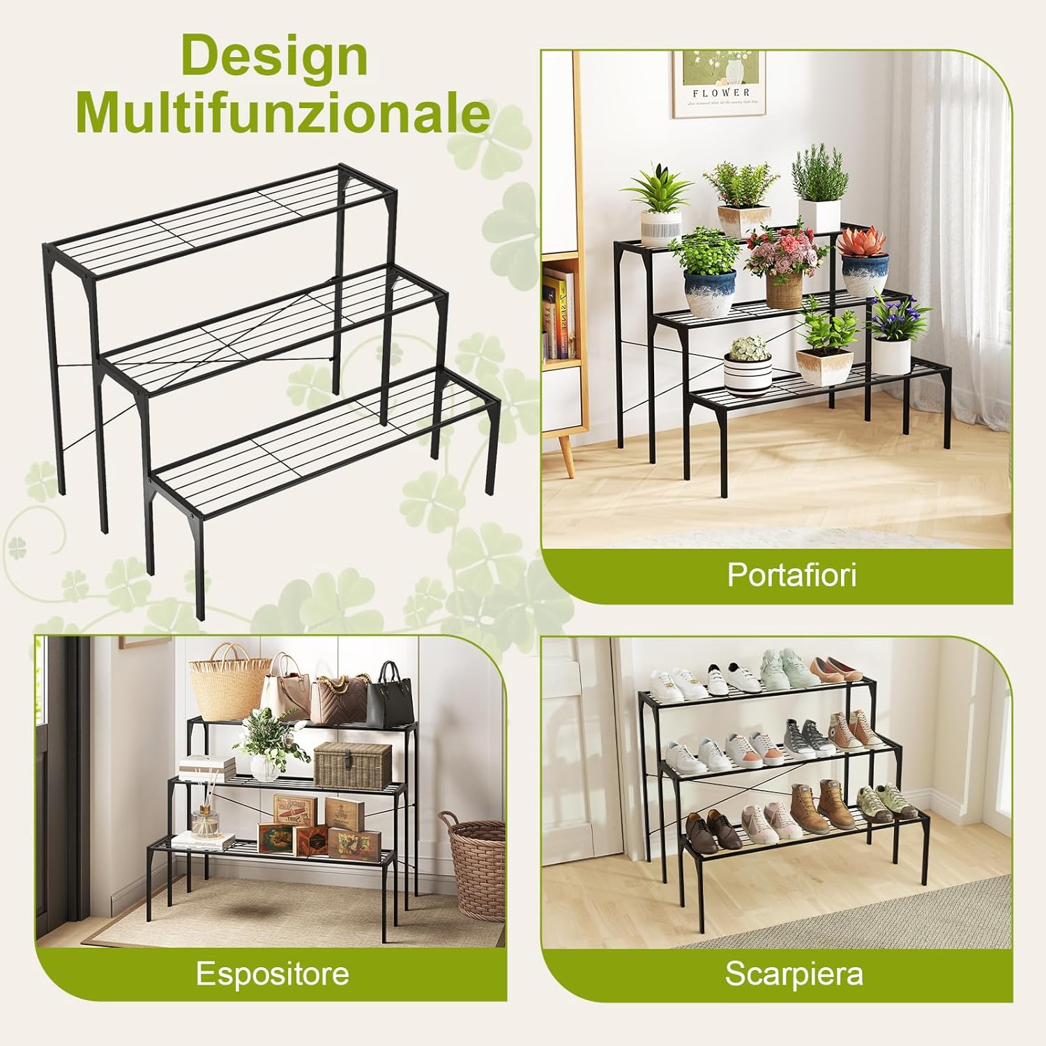 Scaffale Portafiori a 3 Ripiani, Porta Piante da Esterno e Interno a Scala, Scaffale Porta Vasi di Metallo per Balcone, Soggiorno e Giardino