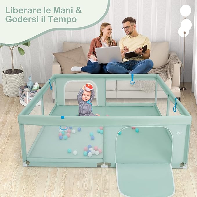 Recinto per Bambini, Box con Rete Traspirante, Centro Attività con 50 Palline, Giochi per 0-3 Anni (Verde, 200 x 180 cm)