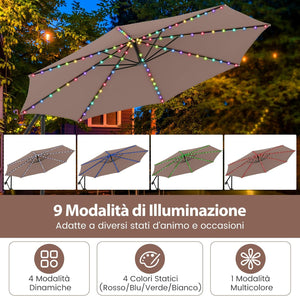 Ombrellone da Giardino 290 cm, con 96 Luci LED, Ombrellone Esterno con Base, Inclinazione Regolabile, Rotazione a 360°, Manovella, Parasole da Giardino (Marrone)