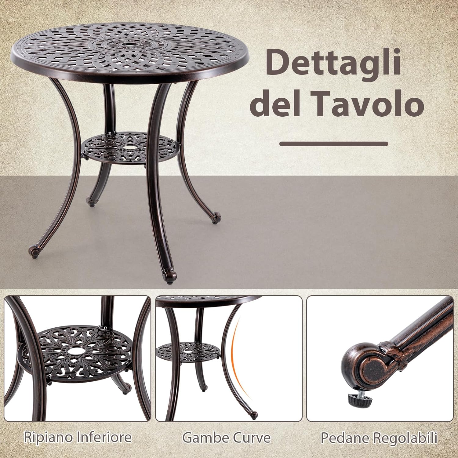 Tavolino da Giardino in Alluminio Pressofuso, Tavolino Rotondo da 79 cm con Foro per Ombrellone, Ripiano Inferiore, per Giardino, Portico e Balcone, Portato Totalo 90 kg